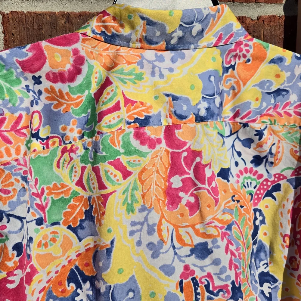 Ralph Lauren Floral Watercolor Button Down Blouse 3/4 Sleeves 2X Cotton - Picture 8 of 8